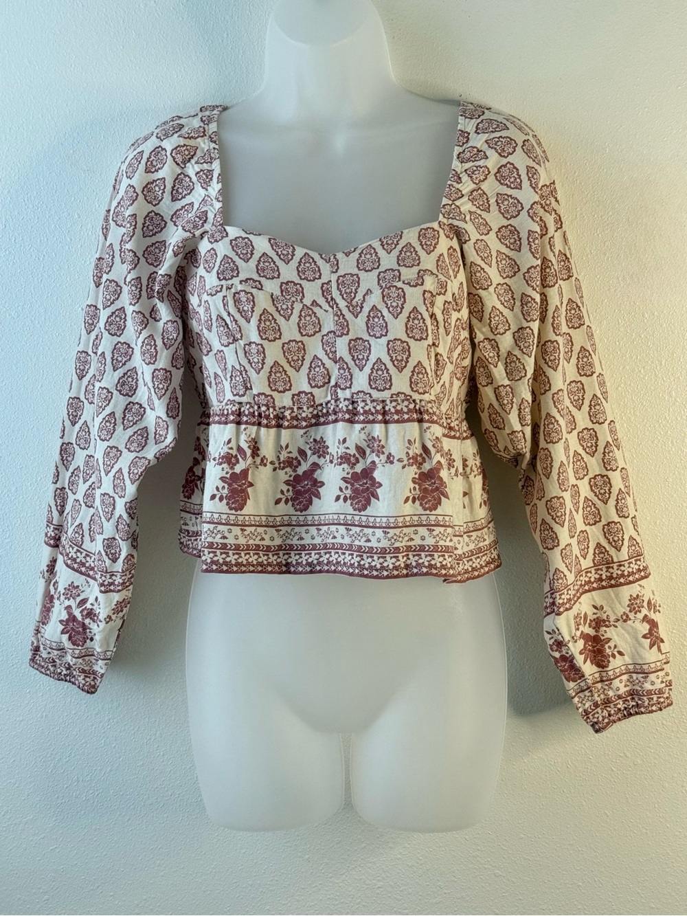 SIM & SAM Boho Block Print Cotton Linen Smocked Crop Top XS